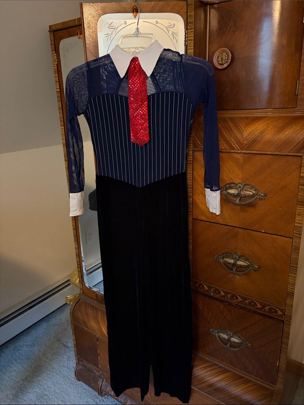 Navy Pinstripe Jumpsuit White Collar & Red Sequin Tie Dance Costume-Child Large